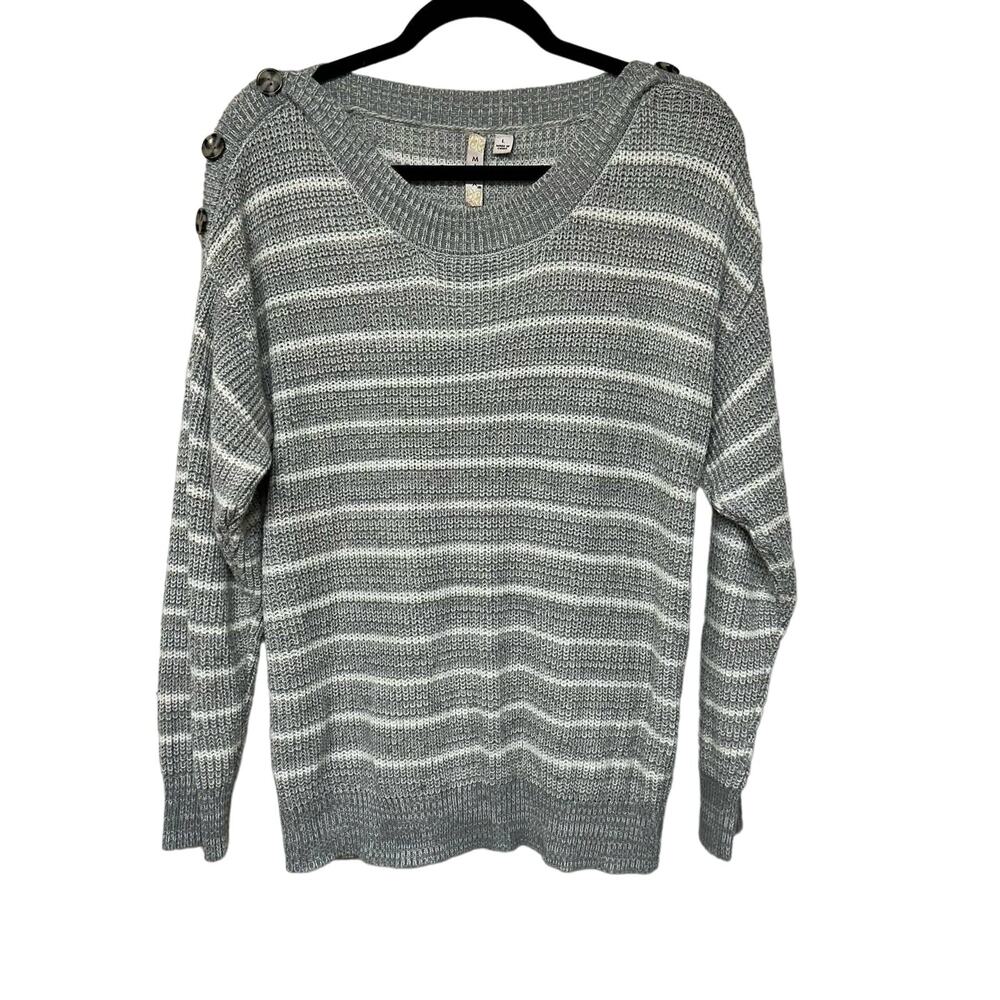 MISIA Gray White Striped Sweater Size Large Stripes Button Detail Modest Preppy